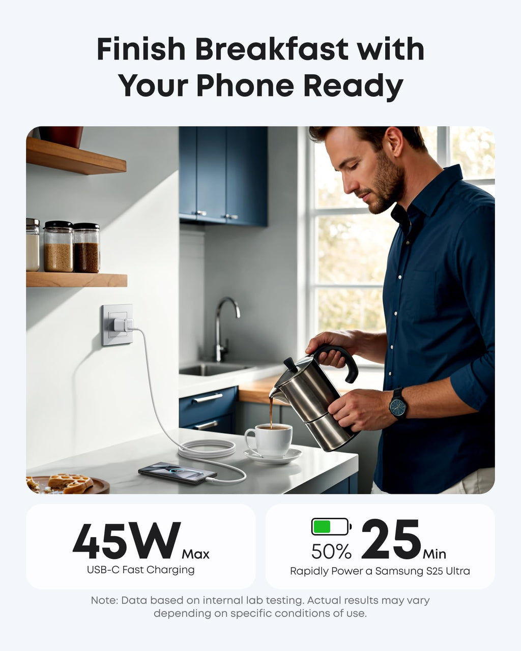 Anker with fast charging cable for breakfast scene